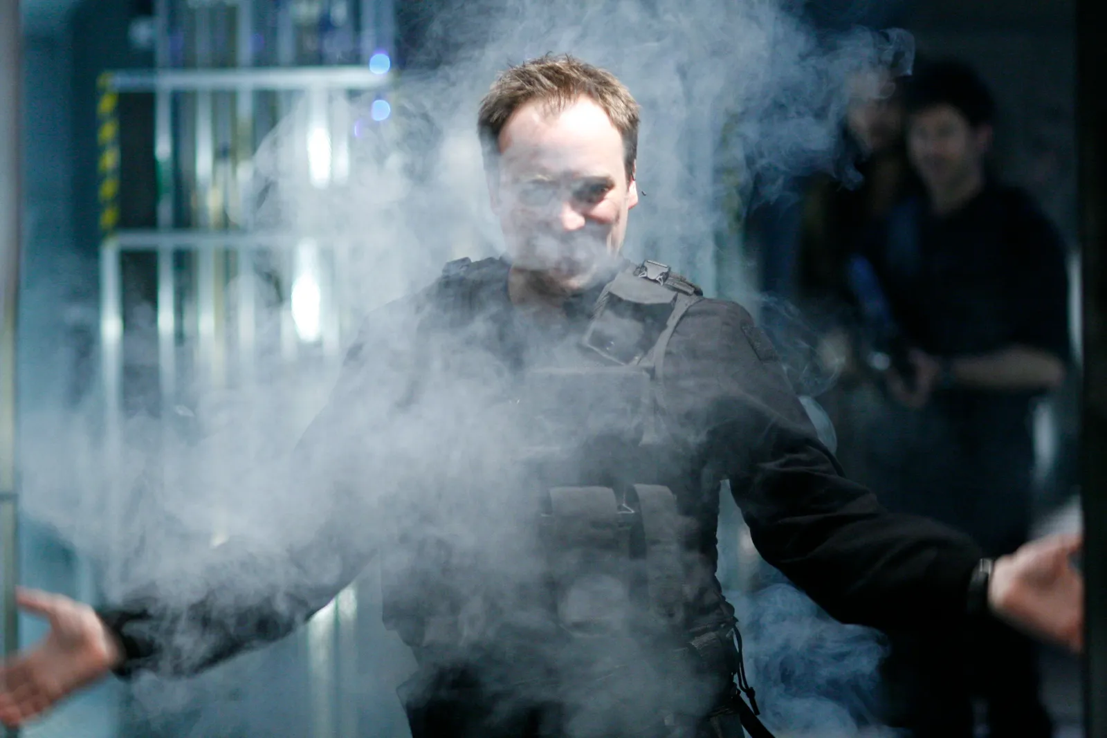 Behind the scenes on #StargateAtlantis Actor @dhewlett makes his onset smoke and pyro entrance to the tune of Enter…
